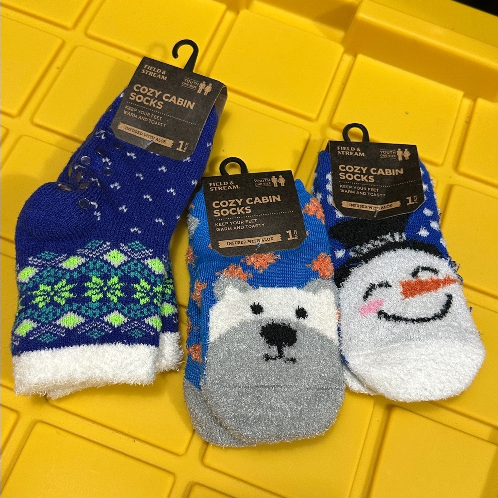 Bundle of 3 Boy‎ Cozy Cabin Youth Socks Gripper Winter Non Slip Thick Warm Gift